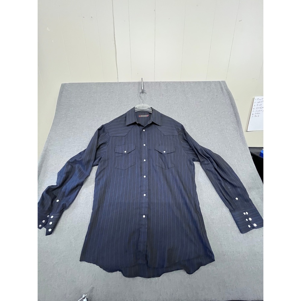 Roper Mens Western Snap Button Pinstripe Shirt Black Blue Long Sleeve Large